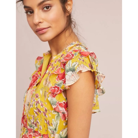 Anthropologie Dolan Left Coast Ellory Silk Dress Floral Yellow Ruffle XS - Picture 3 of 15